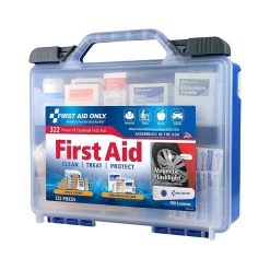 First Aid Kits<First Aid Only Plastic First Aid Kit with Magnetic Flashlight, 50 People, 322 Pieces, Clear/Blue (91414)