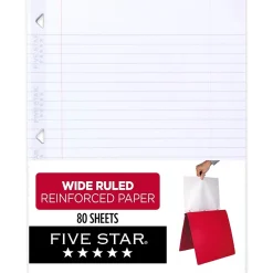 Five Star Reinforced Wide Ruled Filler Paper, 8" x 10.5", 3-Hole Punched, 80 Sheets/Pack (150002/150034) Discount