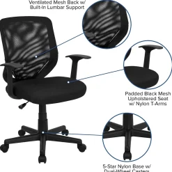Outlet Norris Ergonomic Mesh Swivel Mid-Back Tapered Back Task Office Chair, Black (LFW95ABK) Office Chairs