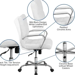 Whitney Ergonomic LeatherSoft Swivel Mid-Back Executive Office Chair, White/Chrome (GO2286MWH) Office Chairs