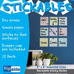 New Products Dry Erase Stickables with Dry Erase Marker, Assorted Pastel Colors, 3" x 3", 12 Per Pack, 3 Packs (FLP94433-3) Dry Erase