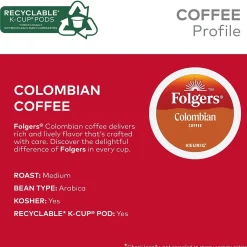 Keurig K-Cups<Folgers 100% Colombian Coffee, Keurig K-Cup Pod, Medium Roast, 24/Box, 4 Boxes/Carton (6659CT)