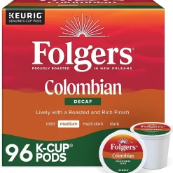 Keurig K-Cups<Folgers 100% Colombian Decaf Coffee, Keurig K-Cup Pod, Medium Roast, 96/Carton (5000053359CT)