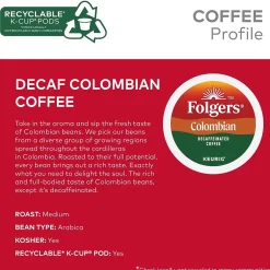 Keurig K-Cups<Folgers 100% Colombian Decaf Coffee, Keurig K-Cup Pod, Medium Roast, 96/Carton (5000053359CT)
