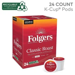 Keurig K-Cups<Folgers Classic Roast Coffee, Medium Roast, 0.28 oz. Keurig® K-Cup® Pods, 24/Box (6685)