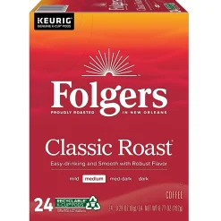 Keurig K-Cups<Folgers Classic Roast Coffee, Medium Roast, 0.28 oz. Keurig® K-Cup® Pods, 24/Box (6685)