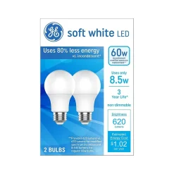 Light Bulbs<GE Basic 8.5 Watt Soft White LED neral-Purpose Bulb, 2/Pack (93131320)