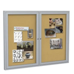 Clearance 4' H x 5' W Enclosed Natural Cork Bulletin Board with Satin Frame, 2 Door (PA24860K) Bulletin