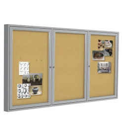 Clearance 4' H x 6' W Enclosed Natural Cork Bulletin Board with Satin Frame, 3 Door (PA34872K) Bulletin
