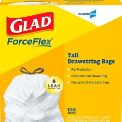 Glad 13 Gallon Trash Bag, 8.5"x8.5", Low Density, .72 mil, White, 100 Bags/Box (CLO 78526)
