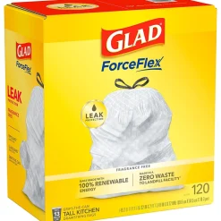 Glad ForceFlex Tall 13 Gallon Kitchen Drawstring Trash Bags, White, 120/Box (78939)