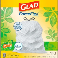 Glad ForceFlex Tall 13 Gallon Kitchen Drawstring White Trash Bags, 110/Box (79098)