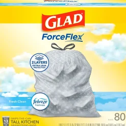 Glad ForceFlex Tall Kitchen Drawstring Trash Bags, 13 Gallon, Fresh Clean scent with Febreze Freshness, 80/Box(78534)