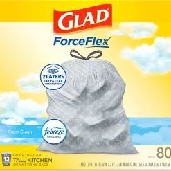Glad ForceFlex Tall Kitchen Drawstring Trash Bags, 13 Gallon, Fresh Clean scent with Febreze Freshness, 80/Box(78534)