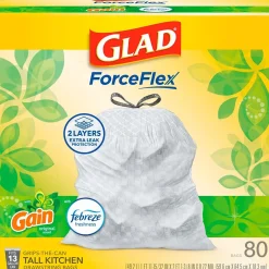Glad ForceFlex Tall Kitchen Drawstring Trash Bags, 13 Gallon, White, Gain Original scent, 80/Box (78750)