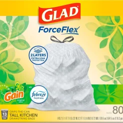 Glad ForceFlex Tall Kitchen Drawstring Trash Bags, 13 Gallon, White, Gain Original scent, 80/Box (78750)
