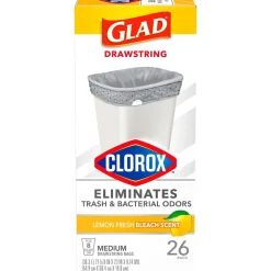 Glad Medium Drawstring Trash Bags with Clorox, 8 Gallon, Grey, Lemon Fresh Bleach Scent, 26/Box(79316)