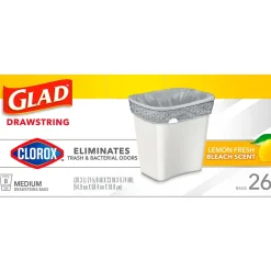 Glad Medium Drawstring Trash Bags with Clorox, 8 Gallon, Grey, Lemon Fresh Bleach Scent, 26/Box(79316)
