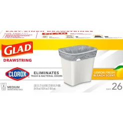 Glad Medium Drawstring Trash Bags with Clorox, 8 Gallon, Grey, Lemon Fresh Bleach Scent, 26/Box(79316)