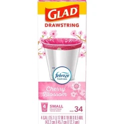 Glad Odorshield 4 Gallon Drawstring Kitchen Trash Bag, Febreeze Cherry Blossom, Pink, 34 Bags/Box (79274)