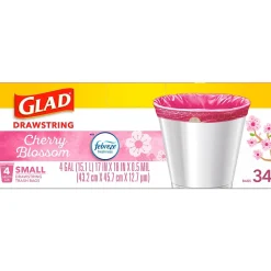 Glad Odorshield 4 Gallon Drawstring Kitchen Trash Bag, Febreeze Cherry Blossom, Pink, 34 Bags/Box (79274)