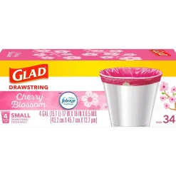 Glad Odorshield 4 Gallon Drawstring Kitchen Trash Bag, Febreeze Cherry Blossom, Pink, 34 Bags/Box (79274)