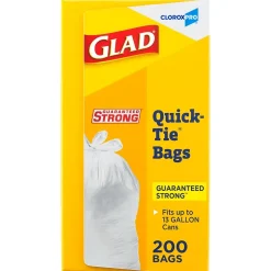 Glad Quick-Tie Tall Kitchen Trash Bags, 13 Gallon, 200/Box (15931)