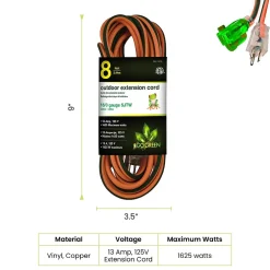 Extension Cords<GoGreen Power 16/3 8' Heavy Duty Extension Cord, Lighted End, Orange (GG-13708)