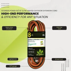 Extension Cords<GoGreen Power 16/3 8' Heavy Duty Extension Cord, Lighted End, Orange (GG-13708)