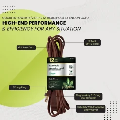 Extension Cords<GoGreen Power 12' Extension Cord, 3-Outlet, 16 AWG, Brown (GG-24812-3)