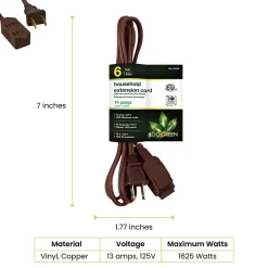 Extension Cords<GoGreen Power 6' Extension Cord, 3-Outlet, 16 AWG, Brown (GG-24806-10)