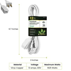 Extension Cords<GoGreen Power 12' Extension Cord, 3-Outlet, 16 AWG, White (GG-24712-3)