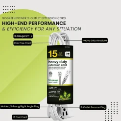 Extension Cords<GoGreen Power 15' Extension Cord, 3-Outlet, 16 AWG, White (GG-19615)