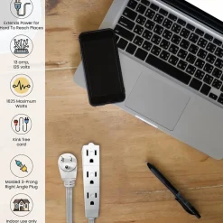 Extension Cords<GoGreen Power 15' Extension Cord, 3-Outlet, 16 AWG, White (GG-19615)