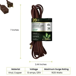 Extension Cords<GoGreen Power 20' Extension Cords, 3-Outlet, 16 AWG, Brown, 3/Pack (GG-24820-3)