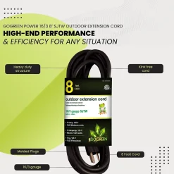 Extension Cords<GoGreen Power 8' Indoor/Outdoor Extension Cord, 16 AWG, Black (GG-13708BK)