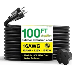 Extension Cords<GoGreen Power 100' Indoor/Outdoor Extension Cord, 16 AWG, Black (GG-13700BK)
