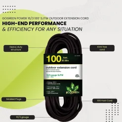 Extension Cords<GoGreen Power 100' Indoor/Outdoor Extension Cord, 16 AWG, Black (GG-13700BK)