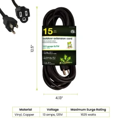 Extension Cords<GoGreen Power 15' Indoor/Outdoor Extension Cord, 16 AWG, Black (GG-13715BK)