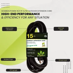 Extension Cords<GoGreen Power 15' Indoor/Outdoor Extension Cord, 16 AWG, Black (GG-13715BK)