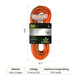 Extension Cords<GoGreen Power 50' Indoor/Outdoor Extension Cord, 3-Outlet, 14 AWG, Orange (GG-15150)