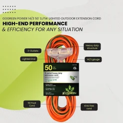Extension Cords<GoGreen Power 50' Indoor/Outdoor Extension Cord, 3-Outlet, 14 AWG, Orange (GG-15150)