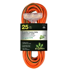 Extension Cords<GoGreen Power 25' Indoor/Outdoor Extension Cord, 3-Outlet, 14 AWG, Orange (GG-15125)