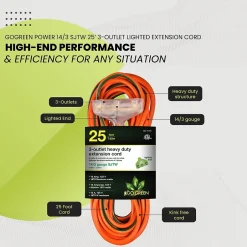 Extension Cords<GoGreen Power 25' Indoor/Outdoor Extension Cord, 3-Outlet, 14 AWG, Orange (GG-15125)