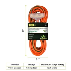 Extension Cords<GoGreen Power 100' Indoor/Outdoor Extension Cord, 3-Outlet, 14 AWG, Orange (GG-15100)
