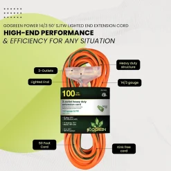 Extension Cords<GoGreen Power 100' Indoor/Outdoor Extension Cord, 3-Outlet, 14 AWG, Orange (GG-15100)