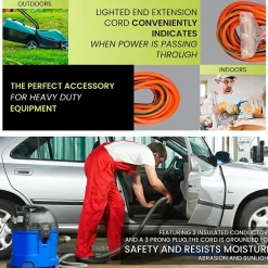 Extension Cords<GoGreen Power 100' Indoor/Outdoor Extension Cord, 3-Outlet, 14 AWG, Orange (GG-15100)