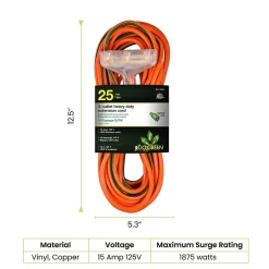 Extension Cords<GoGreen Power 25' Indoor/Outdoor Extension Cord, 3-Outlet, 12 AWG, Orange (GG-15225)