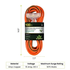 Extension Cords<GoGreen Power 100' Indoor/Outdoor Extension Cord, 3-Outlet, 12 AWG, Orange (GG-15200)