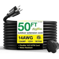 Extension Cords<GoGreen Power 50' Indoor/Outdoor Extension Cord, 14 AWG, Black (GG-13850BK)